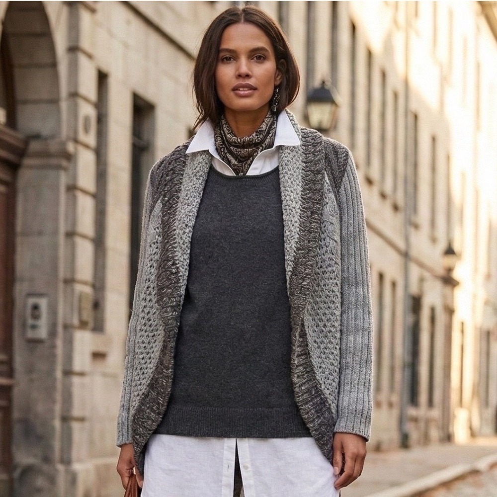 Cabi 910 Gray Mixed Knit Cotton Shawl Collar Open Front Cardigan Sweater Small